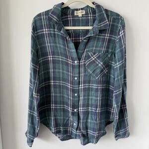 Anthropologie Cloth & Stone Plaid Button Down Shirt Women's Large Blue Green L
